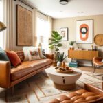 Living room Mid Century style with warm colors